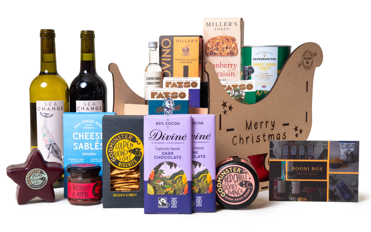 Cheese and Cheers festive gift with Godminster cheddar, crackers and wine