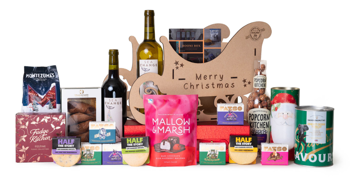 The Christmas Party sharing gift with two bottles of wine and festive treats