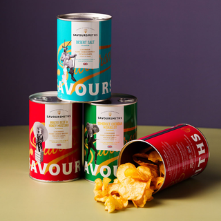 Savoursmiths hand cooked crisps packed in a keepsake tin