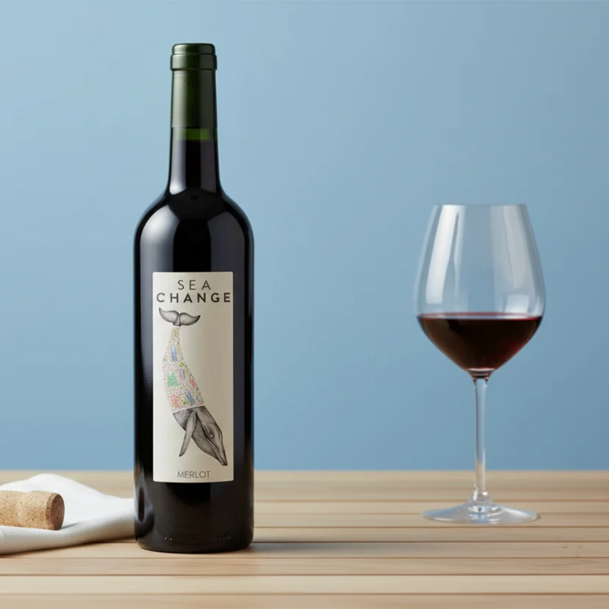 Sea Change Merlot, bottled with minimal plastic