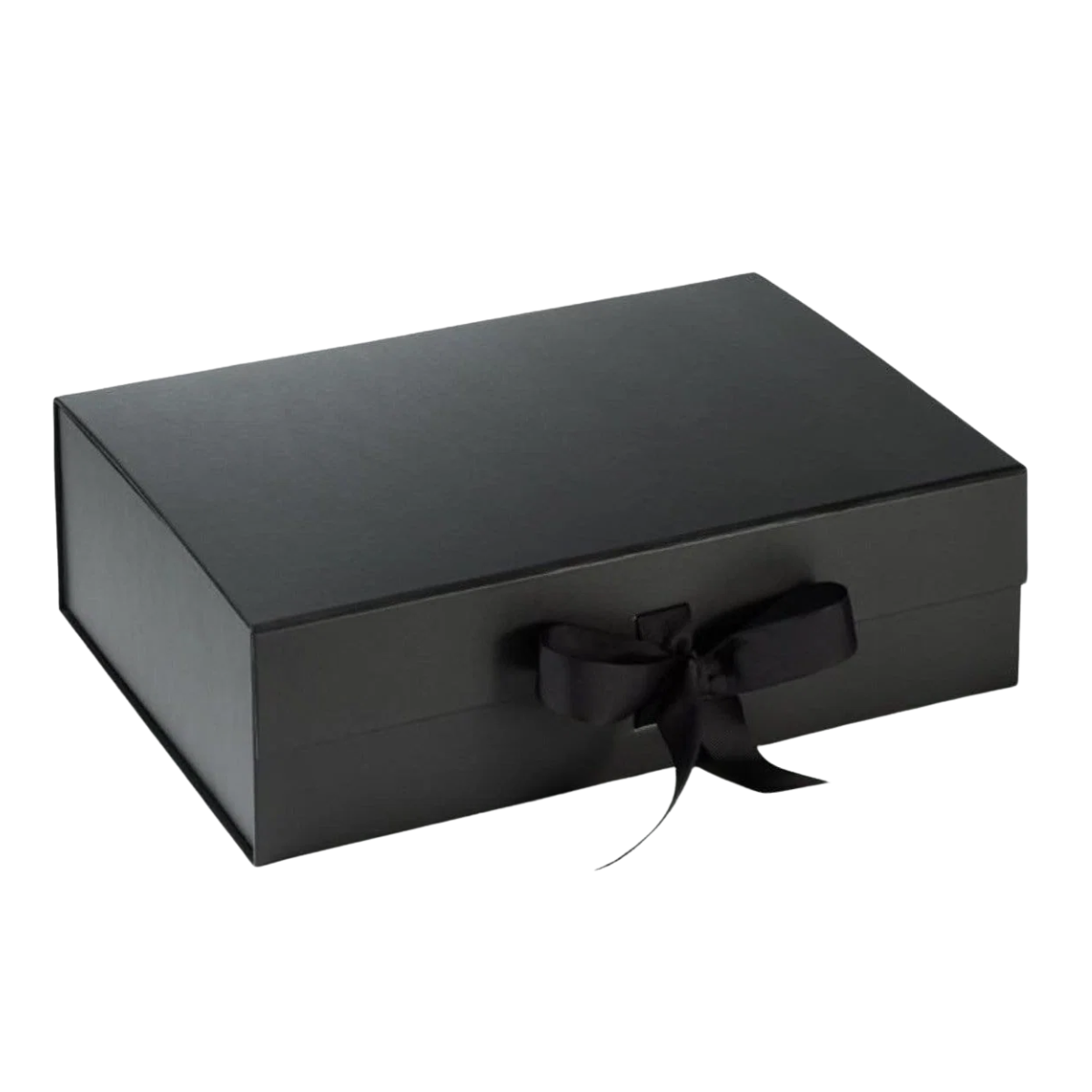 Rigid festive gift box finished with a ribbon closure