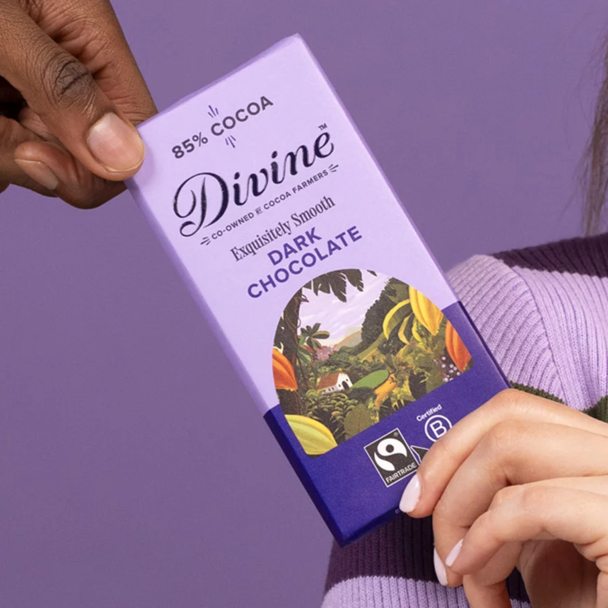 Divine chocolate bar, part owned by the cocoa farmers who grow for it