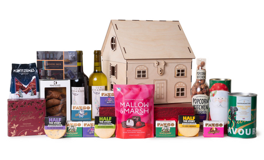 House Full of Christmas wooden house gift packed with festive food and treats