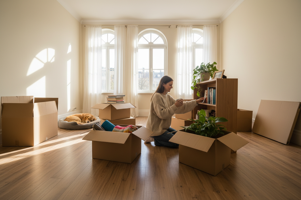generate an image of someone moving home, like boxes everywhere in their new home.